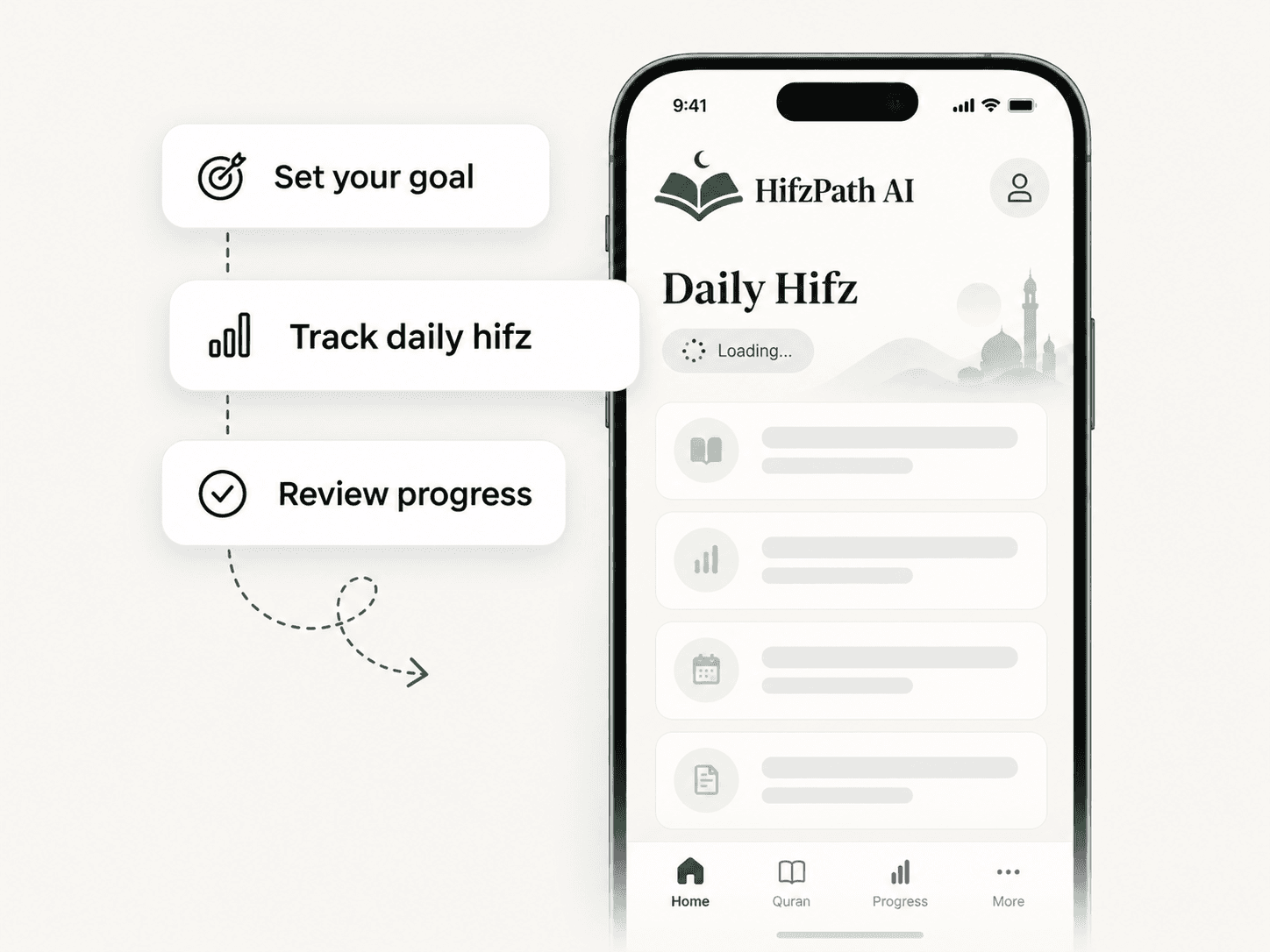 HifzPath mobile app showing goal setting, daily memorization tracking, and progress review