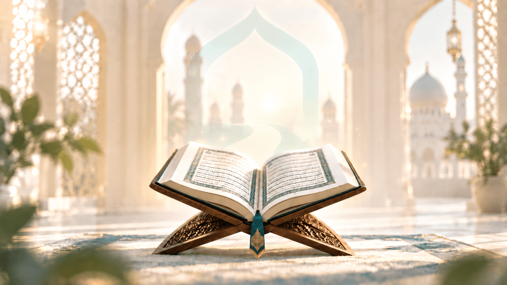An open Quran on a wooden stand
